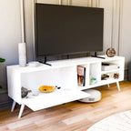 White MDF TV table with open shelf cubby and side storage, tapered legs