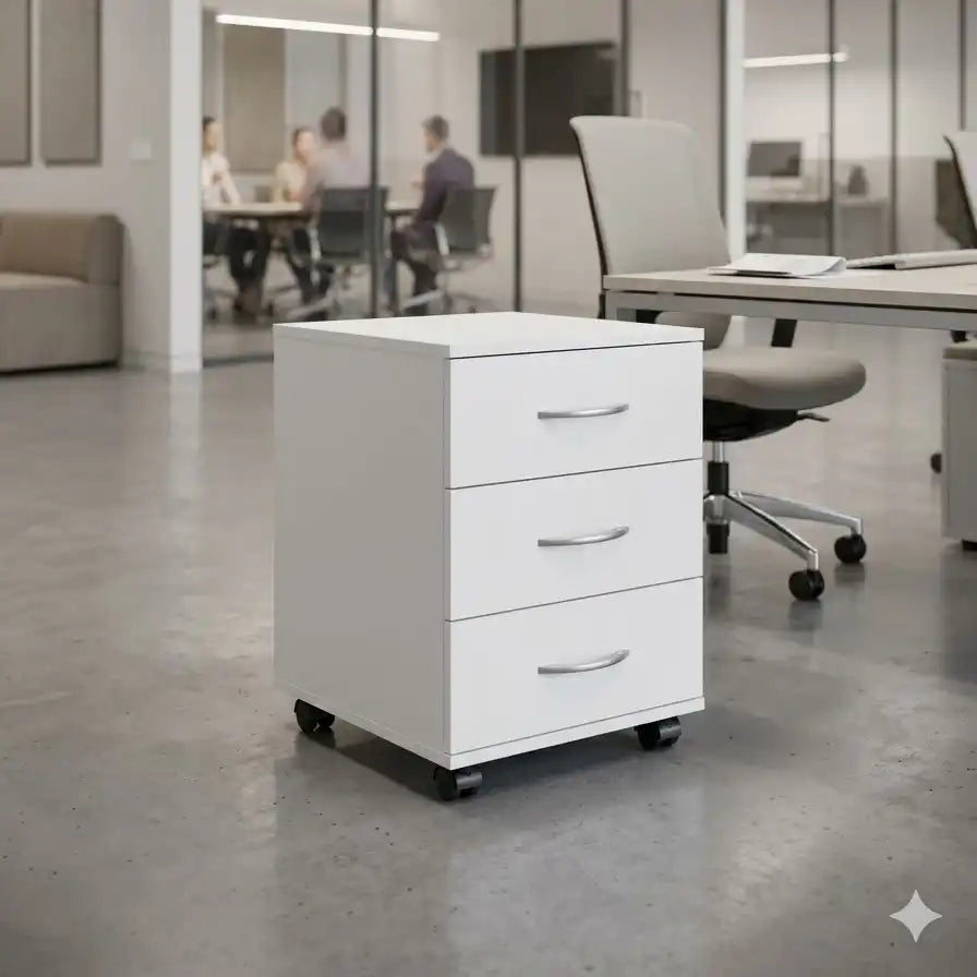 White MDF drawer unit with three drawers and curved metal handles on casters
