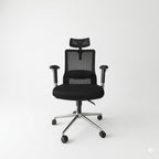 Black mesh office chair with padded seat, armrests, and 5-star wheeled base