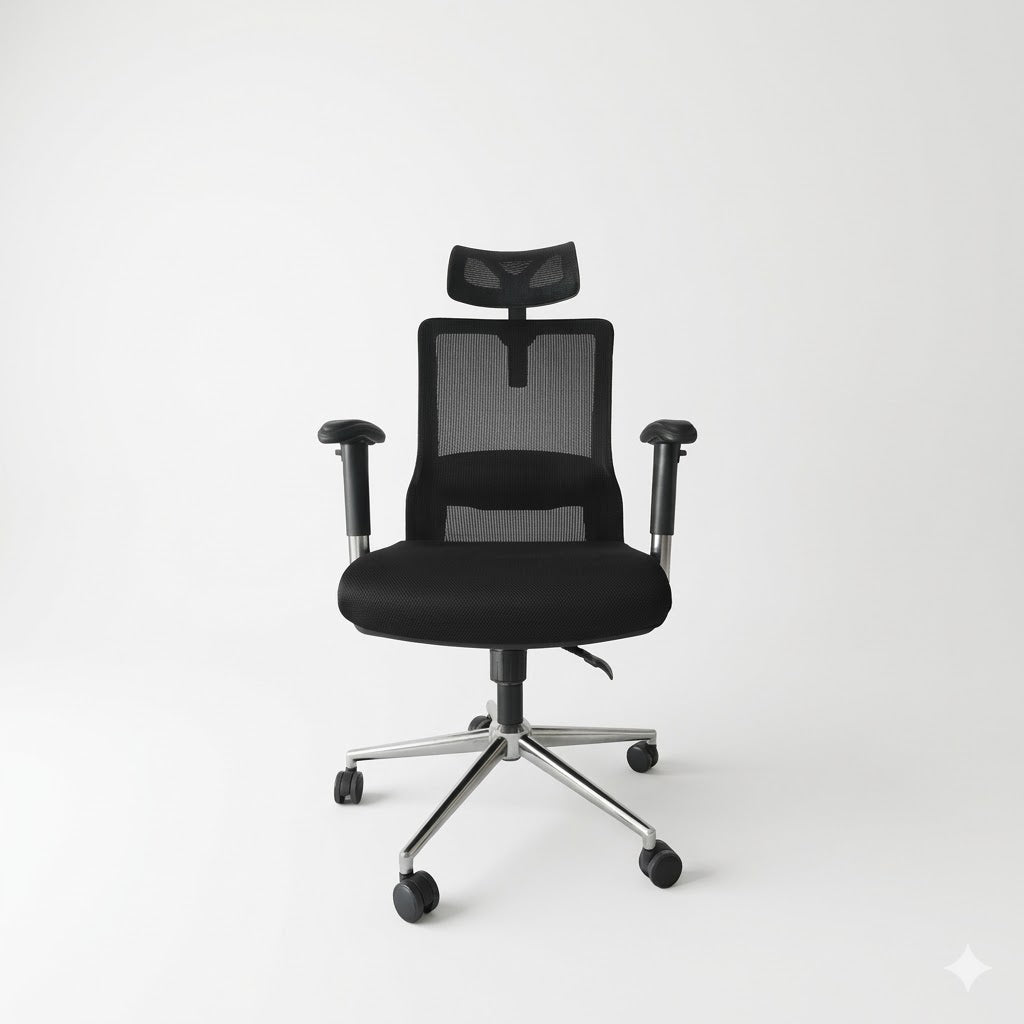 Black mesh office chair with padded seat, armrests, and 5-star wheeled base