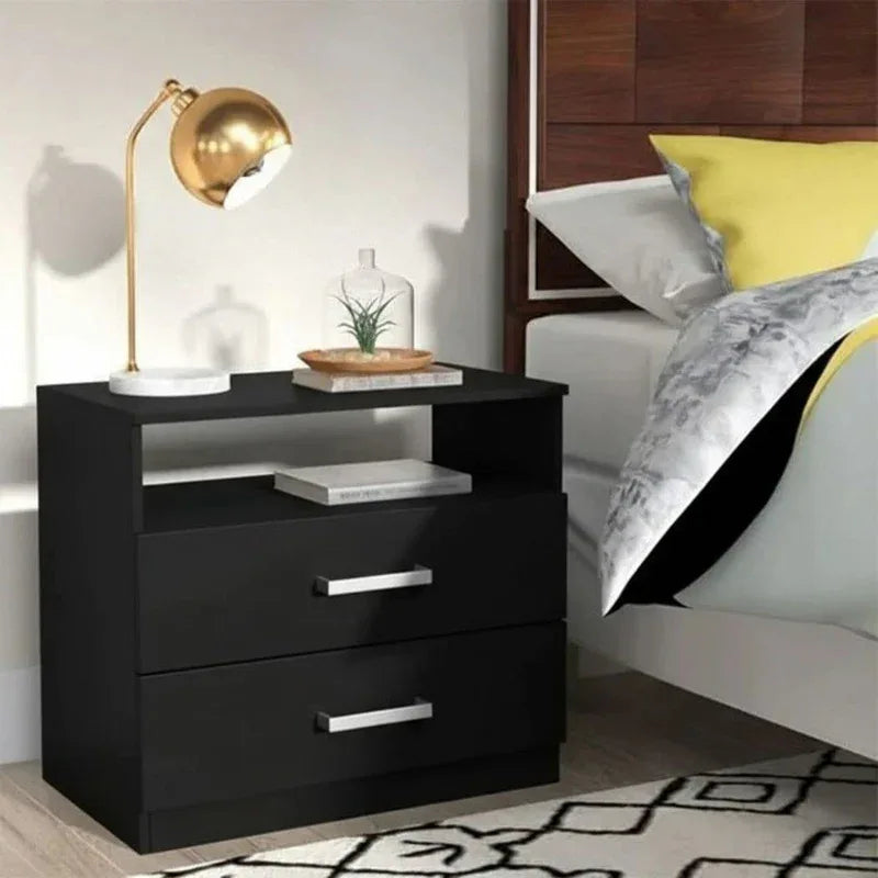 BAJ MDF commode, black finish, two drawers with silver bar handles, 50x35x60cm