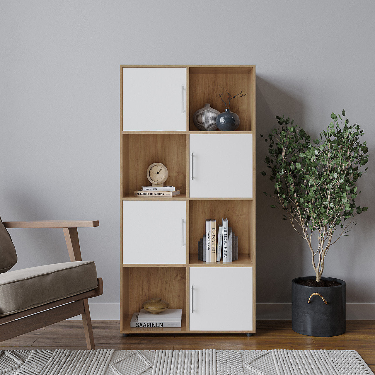 Wood MDF bookcase with white doors and open storage cubbies, 60x30x120cm