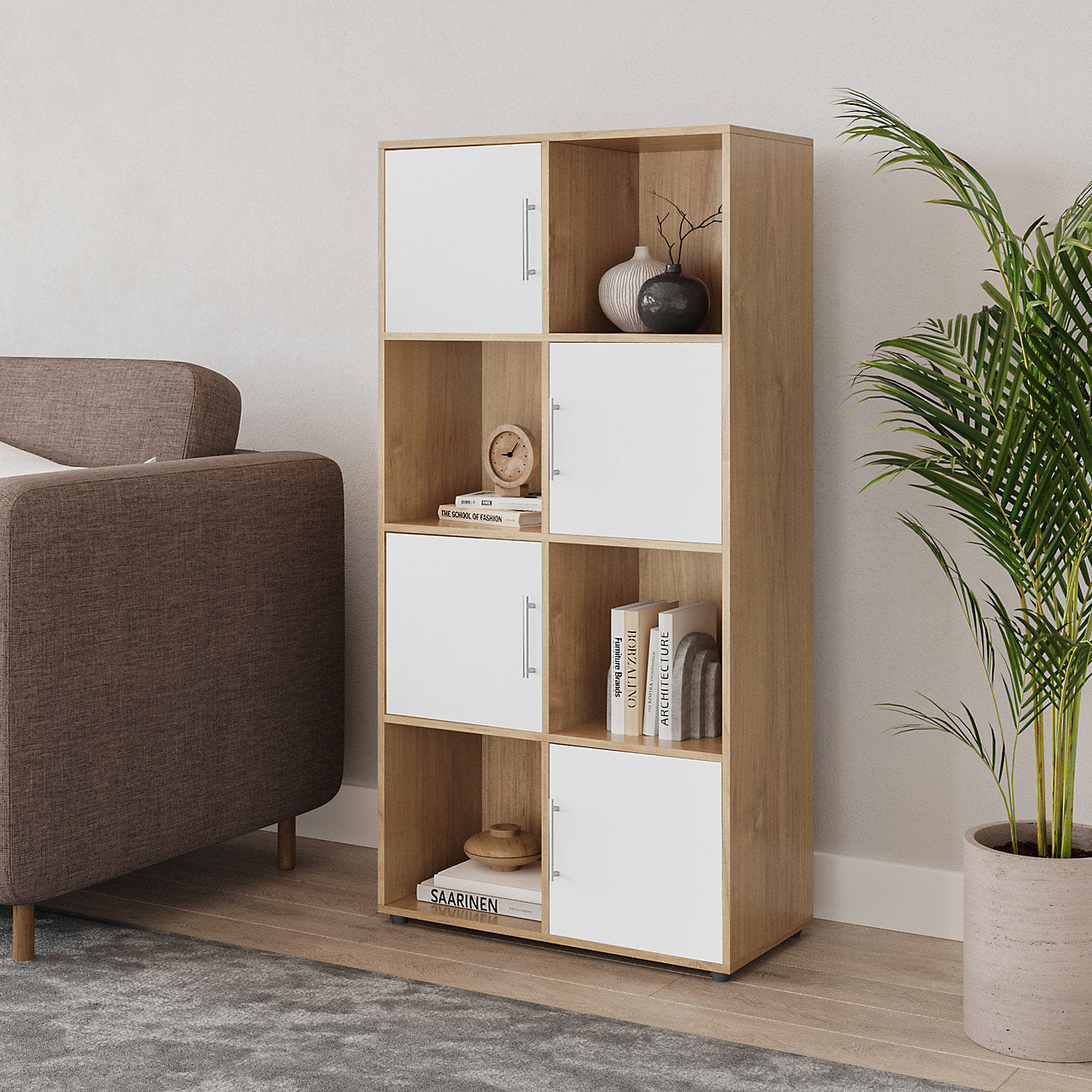 Tall wood MDF bookcase with white cabinet doors and open storage cubbies