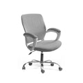 Grey office chair with curved arms, upholstered seat and back, chrome base and casters