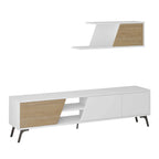 Low TV cabinet with two drawers and open niche, white body with light wood panel