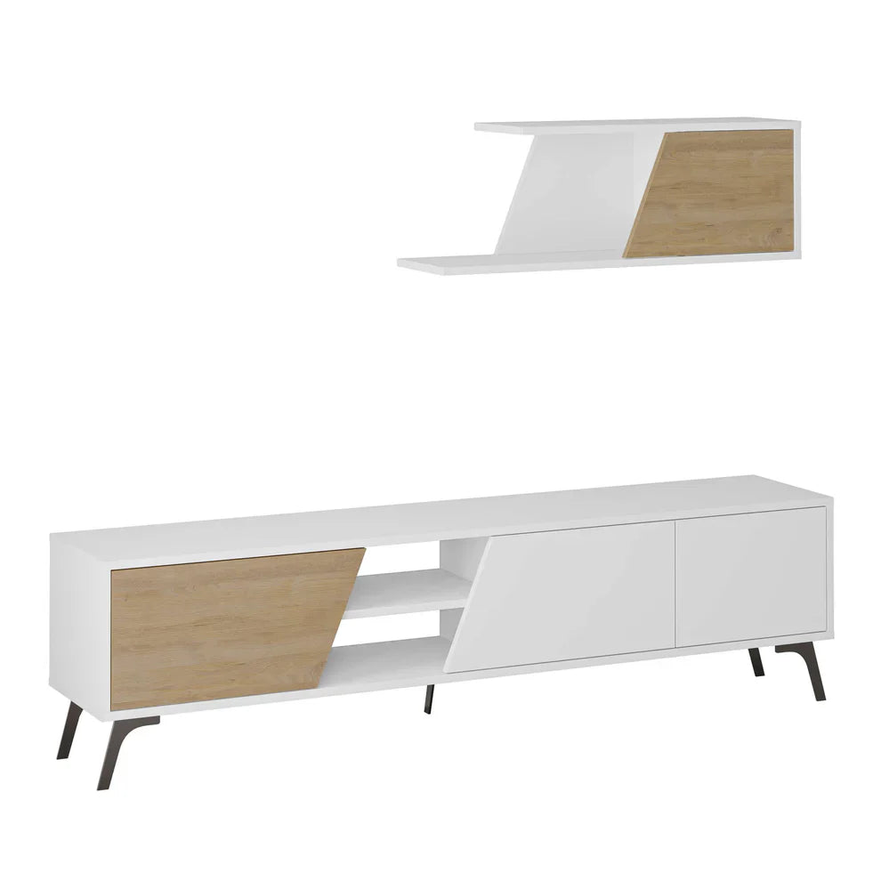 Low TV cabinet with two drawers and open niche, white body with light wood panel