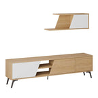 Light wood TV console with open center and large white panel, black angled legs