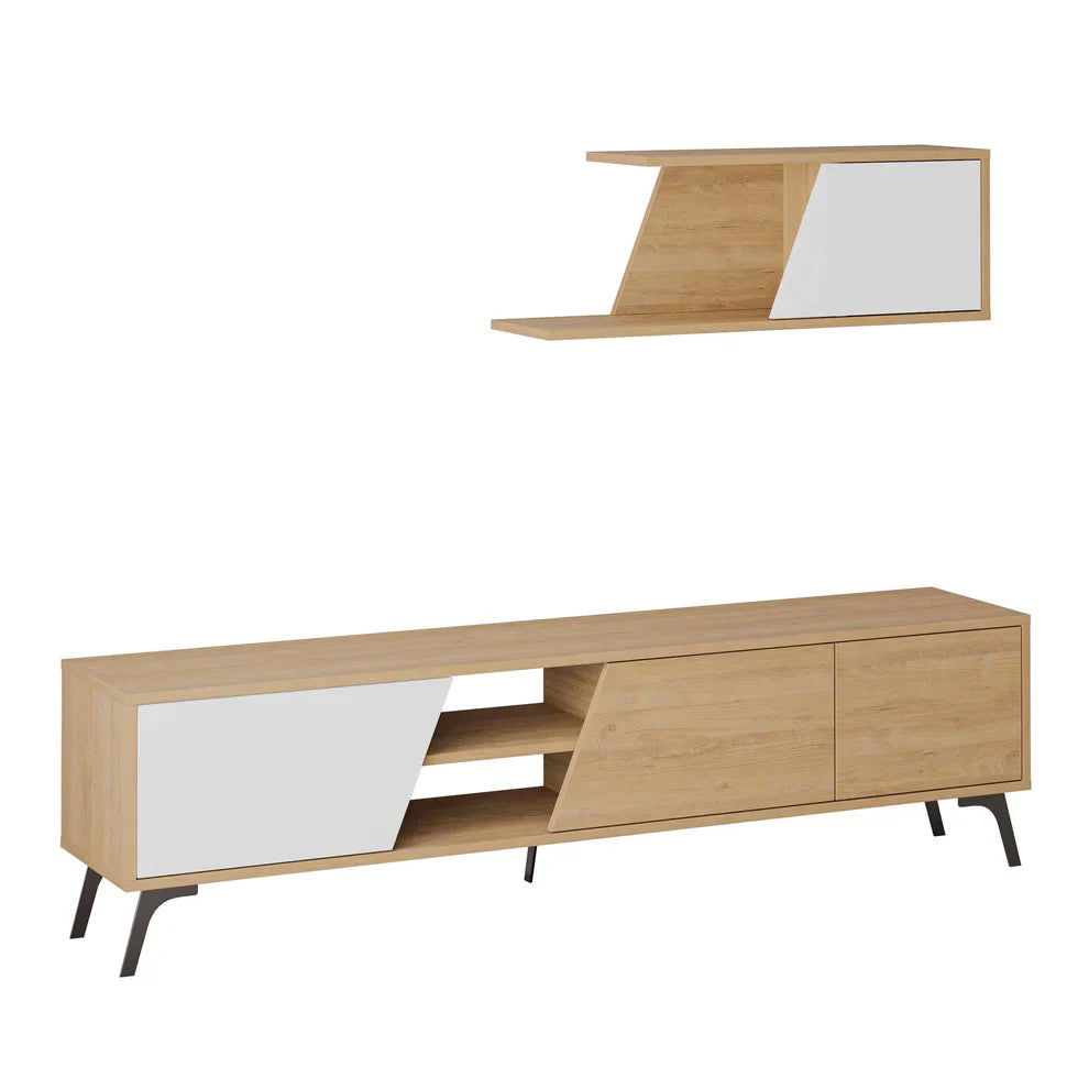 Light wood TV console with open center and large white panel, black angled legs