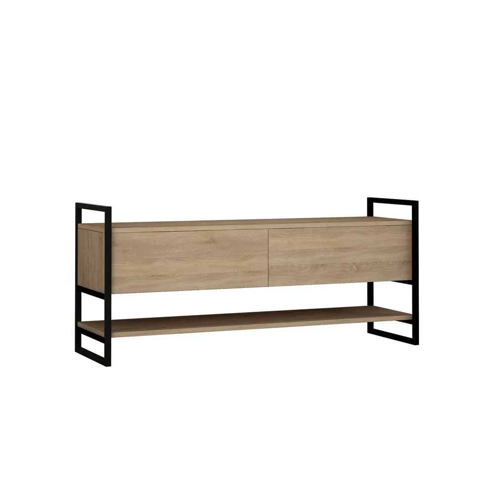 Light wood TV stand with black metal frame, two drawers, and open shelf below