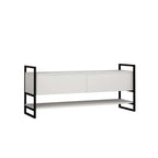 White TV table side view with black metal frame, two doors, and lower open shelf.