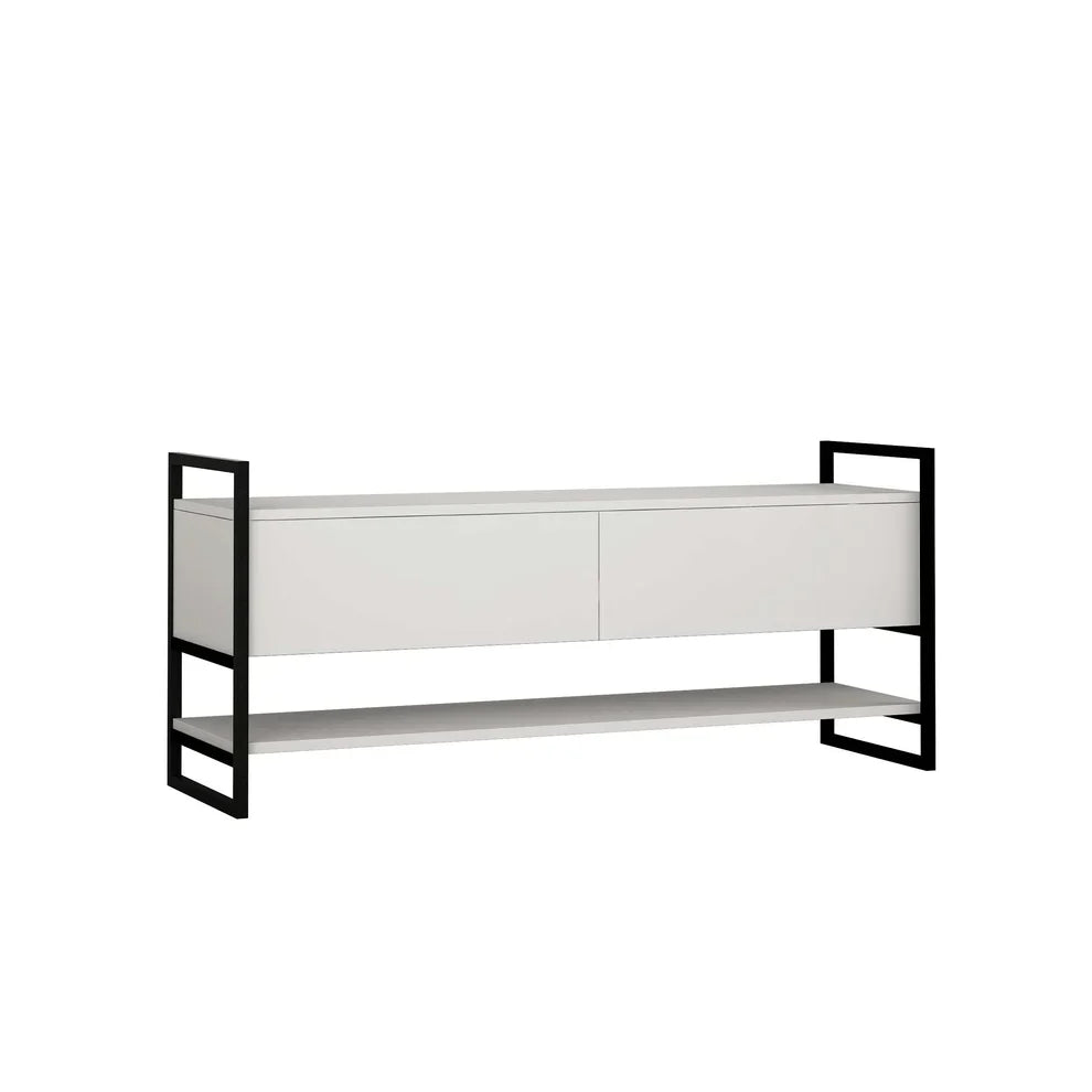 White TV table side view with black metal frame, two doors, and lower open shelf.