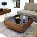 Square coffee table with glass top and dark wooden MDF base, 80x80 cm