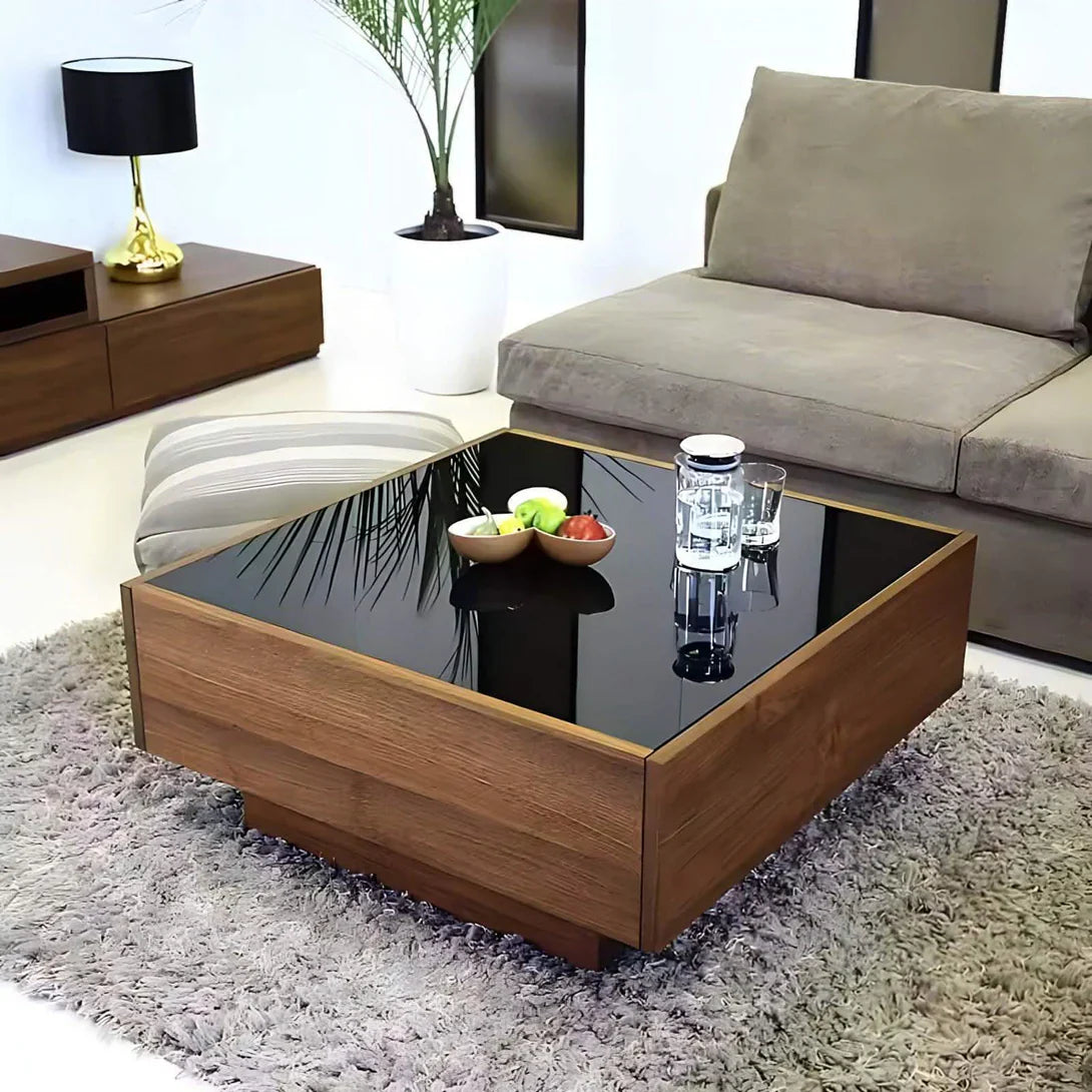 Square coffee table with glass top and dark wooden MDF base, 80x80 cm
