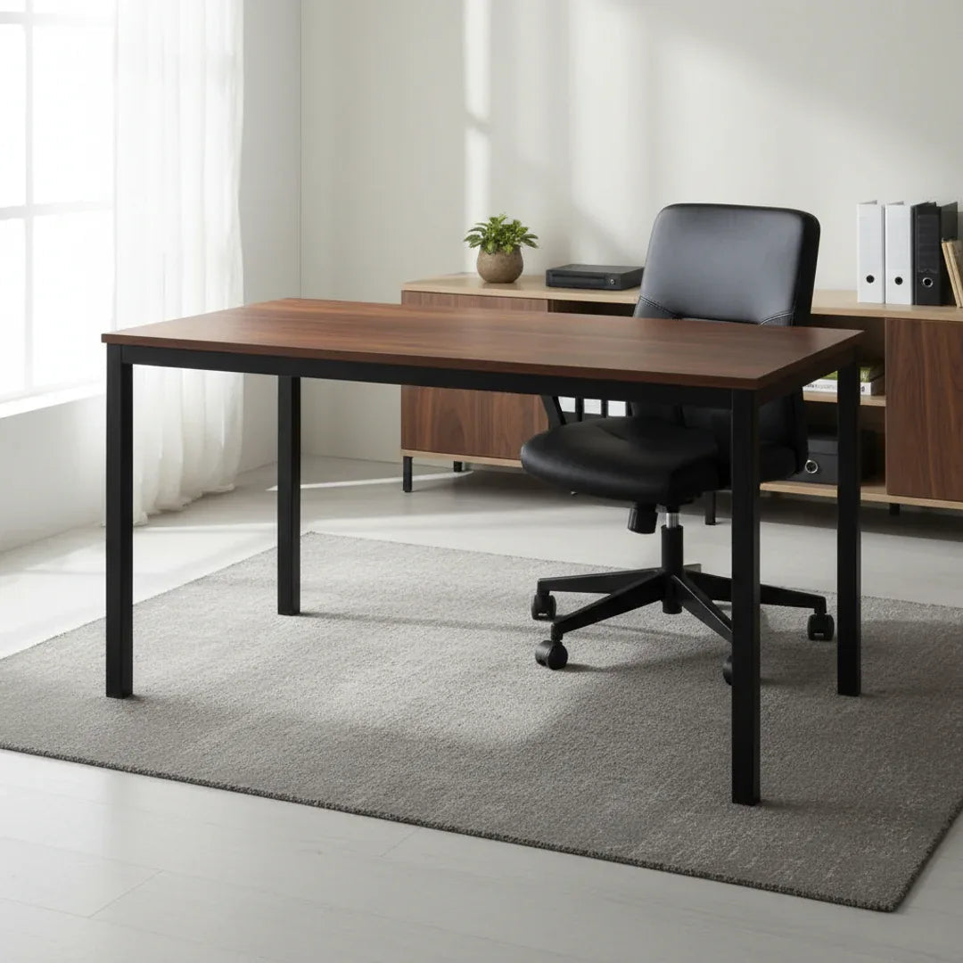 Rectangular desk with dark brown MDF top and black metal legs